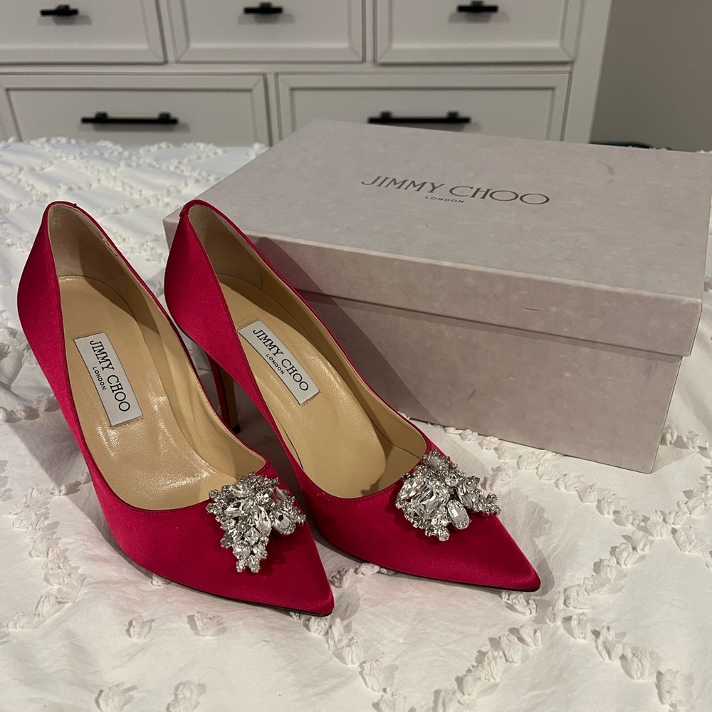 Jimmy Choo Fuchsia Satin Embellished Heels